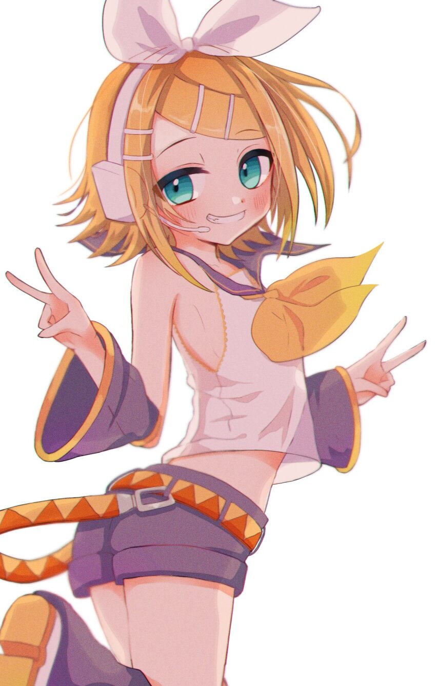 1girl arched_back armpits backlighting belt blonde_hair bow breasts detached_sleeves double_v fang flat_chest green_eyes grey_sailor_collar grey_shorts grey_sleeves grin hair_bow hair_ornament hairclip half-closed_eye headphones headset highres kagamine_rin leg_up leg_warmers light_blush looking_at_viewer looking_to_the_side midriff_peek narrow_waist neckerchief nnc225 orange_belt sailor_collar see-through_silhouette shirt short_hair shorts sideboob sideways_glance skinny small_breasts smile solo swept_bangs tsurime two-tone_belt v vocaloid white_background yellow_belt yellow_neckerchief