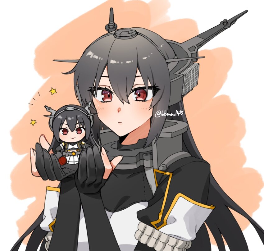 black_gloves black_hair blush breasts character_doll closed_mouth commentary_request eyelashes gloves hair_between_eyes headgear highres holding kantai_collection long_hair machi_(ritovoyage) nagato_(kancolle) nagato_kai_ni_(kancolle) partially_fingerless_gloves red_eyes simple_background star_(symbol) twitter_username two-tone_background upper_body very_long_hair