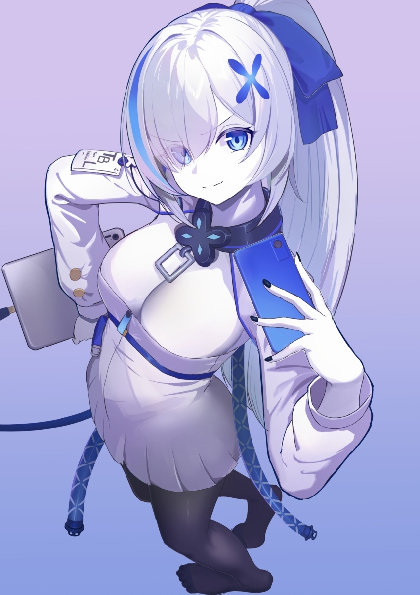1girl azur_lane black_pantyhose blue_bow blue_eyes blue_hair bow breasts cellphone character_name cleavage closed_mouth collar colored_skin dress eyes_visible_through_hair from_above gradient_background hair_ornament high_ponytail highres holding holding_phone holding_tablet_pc large_breasts lom_(lom_lom_8) long_hair long_sleeves looking_at_viewer metal_collar multicolored_hair pantyhose phone ponytail short_dress smartphone smile solo streaked_hair tablet_pc tb_(azur_lane) tb_(type-l)_(azur_lane) white_dress white_hair white_skin x_hair_ornament
