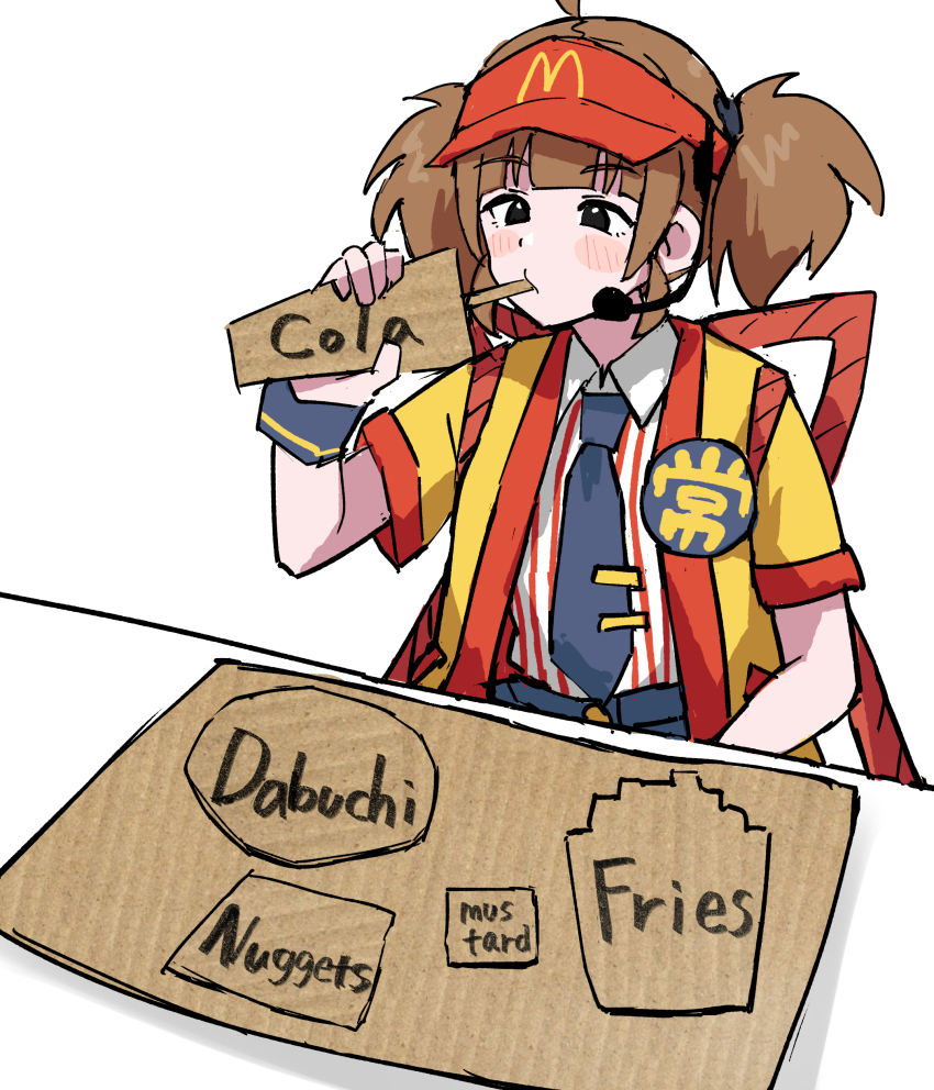 1girl absurdres back_bow badge black_eyes blush_stickers bow brown_hair button_badge cardboard cardboard_cutout cardboard_dinner_(meme) eating employee_uniform english_text expressionless fast_food_uniform hand_up hat headset highres imadake_dabuchi_tabemi mcdonald&#039;s meme necktie open_happi photo-referenced red_hat shirt simple_background sitting solo striped_clothes striped_shirt table tenten_(chan4545) tie_clip twintails vertical-striped_clothes vertical-striped_shirt visor_cap white_background wing_collar yellow_happi
