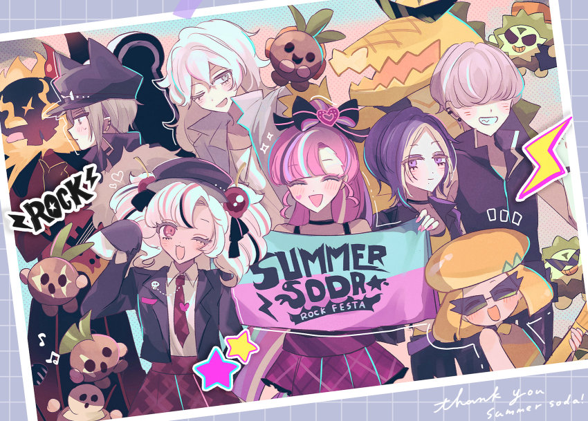 3girls alligator bassist_cookie black_lemonade_cookie blonde_hair blue_hair bow choker closed_eyes closed_mouth coconut cookie_run cookie_run:_kingdom crocodilian cross cross_necklace durian english_text eyeshadow from_side hair_bow hair_over_eyes happy highres jewelry lightning_bolt_symbol looking_at_viewer makeup mamimumemo mango_cookie multicolored_hair multiple_boys multiple_girls necklace one_eye_closed open_mouth parfait_cookie parfait_cookie_(black_cherry_rock) personification picture_frame rockstar_cookie shacka_rocka shining_glitter_cookie star_(symbol) werewolf_cookie werewolf_cookie_(heartache_howl)