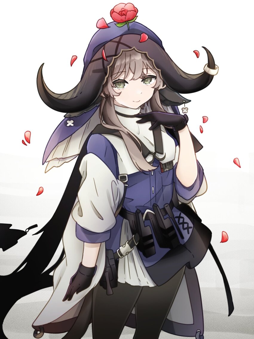 1girl arknights aza_nonoka black_gloves black_horns black_pantyhose brown_hair closed_mouth commentary cowboy_shot dress flower flower_on_head gloves green_eyes grey_background hand_on_own_chest hand_up highres horns long_hair looking_at_viewer pallas_(arknights) pantyhose petals purple_dress red_flower red_rose rose rose_petals short_dress smile solo standing white_background