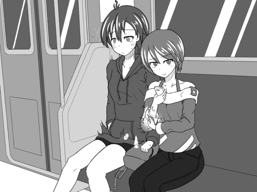 2girls :&gt; anal anal_object_insertion bare_shoulders bike_shorts blush breasts butt_plug cellphone cleavage clenched_hand closed_mouth collarbone constricted_pupils controller denim discreet_vibrator door egg_vibrator female_focus greyscale hair_between_eyes halcyon_(halcyon90) hand_in_pocket hand_up happy holding holding_phone hood hoodie jeans legs_together looking_at_viewer monochrome multiple_girls notice_lines object_insertion off_shoulder original pants phone remote_control remote_control_vibrator sex_toy shirt short_hair sitting small_breasts smile surprised train_interior trembling vaginal vaginal_object_insertion vibrator vibrator_under_clothes window x-ray yuri