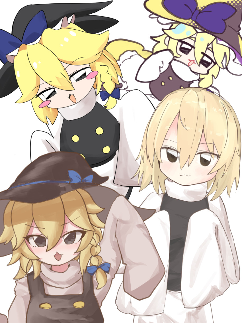 1girl arm_up black_eyes black_hat black_vest blonde_hair blue_bow blush blush_stickers bow buttons closed_mouth commentary_request cookie_(touhou) hair_between_eyes hat hat_bow highres kirisame_marisa kitsune_kemono_(style) lets0020_(style) long_bangs looking_at_viewer misosiru_0224_(style) multiple_style_parody open_mouth parody shirt short_hair simple_background sleeves_past_fingers sleeves_past_wrists smile style_parody touhou turtleneck turtleneck_shirt upper_body vest white_background white_shirt whiterolo witch_hat yuuhi_(cookie)