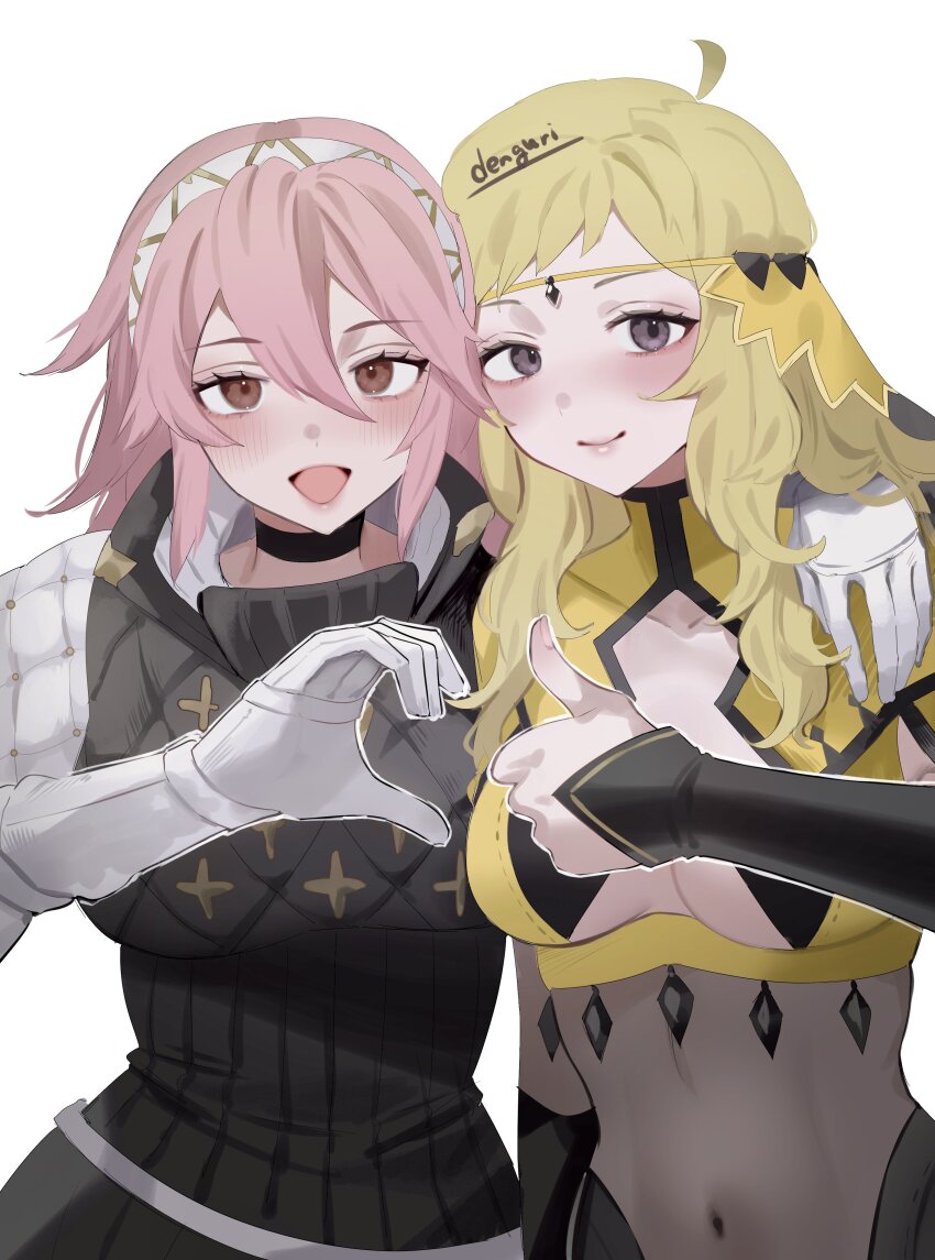 2girls :d absurdres arm_around_shoulder artist_name black_choker blonde_hair blush breasts choker circlet closed_mouth covered_navel fire_emblem fire_emblem_fates gambeson gloves hair_between_eyes heart_hands_failure highres long_hair looking_at_viewer multiple_girls nintendo open_mouth ophelia_(fire_emblem) pink_hair sakuramotikun smile soleil_(fire_emblem) thumbs_up upper_body white_gloves yuri