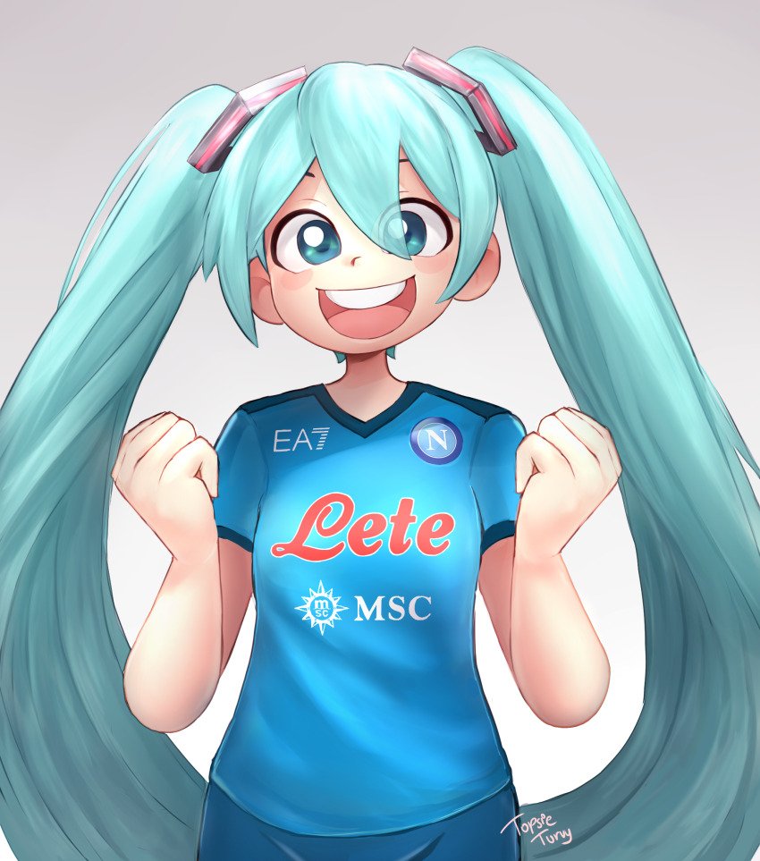 1girl artist_name blue_eyes blue_hair blue_shirt grey_background hatsune_miku highres light_blue_hair long_hair looking_at_viewer serie_a shirt short_sleeves signature simple_background smile soccer_uniform solo sportswear ssc_napoli teeth topsieturvy twintails upper_teeth_only very_long_hair vocaloid