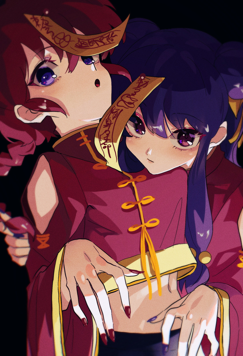 2girls :o braid braided_ponytail closed_mouth clothing_cutout double_bun hair_bun hair_ornament head_on_another&#039;s_shoulder highres long_hair looking_at_viewer midriff multiple_girls nail_polish navel nzeneee open_mouth purple_eyes purple_hair purple_nails ranma-chan ranma_1/2 red_hair red_nails shampoo_(ranma_1/2) shoulder_cutout sidelocks single_braid stomach