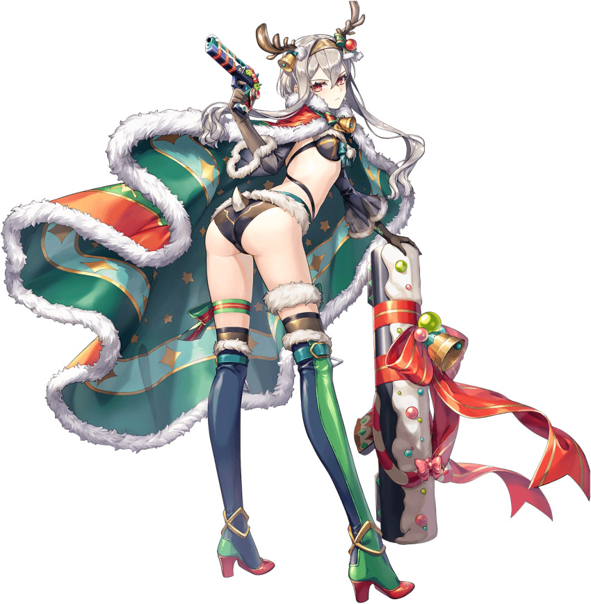 1girl animal_costume antlers artist_request ass asymmetrical_legwear bell black_panties breasts deer_tail from_behind full_body game_cg gift grey_hair gun handgun headband high_heels highres holding holding_gun holding_weapon horns long_sleeves official_alternate_costume official_art panties red_eyes reindeer_antlers reindeer_costume sandra_(unitia) solo source_request tail transparent_background underwear unitia weapon