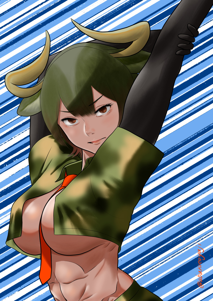 1girl abs absurdres aburaeoyaji animal_ears arms_up aurochs_(kemono_friends) between_breasts black_thighhighs breasts brown_eyes brown_hair camouflage camouflage_shirt closed_mouth cow_ears cow_horns cropped_shirt dark-skinned_female dark_skin double-parted_bangs elbow_gloves eyelashes gloves green_hair hand_on_own_arm highres horns kemono_friends large_breasts lips looking_at_viewer medium_hair midriff motion_lines multicolored_hair navel necktie necktie_between_breasts no_bra outstretched_arm print_shirt red_necktie shirt short_sleeves solo speed_lines stomach thighhighs toned toned_female upper_body v-shaped_eyebrows yellow_horns