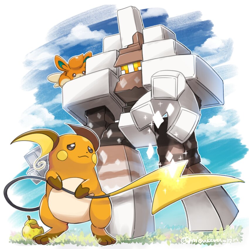 3others :3 absurdres berry_(pokemon) blue_sky closed_mouth full_body garganacl gen_1_pokemon gen_9_pokemon grass highres long_tail looking_at_another ms_misubaru_mk2 multiple_others nintendo no_mouth pawmo pokemon pokemon_(creature) raichu riding riding_pokemon simple_background sitrus_berry sky tail