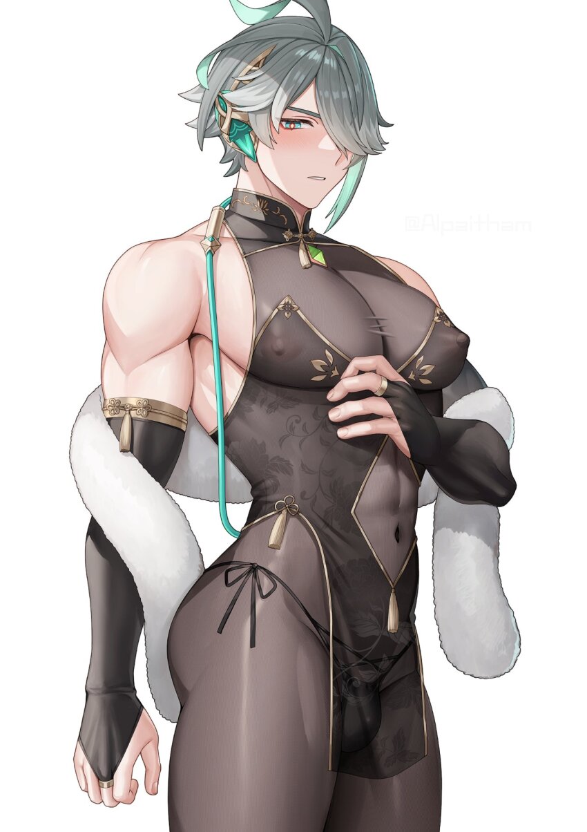 1boy abs alhaitham_(genshin_impact) alpaitham aqua_eyes aqua_hair black_bodysuit black_dress black_gloves black_male_underwear black_pantyhose black_sleeves blush bodysuit bulge china_dress chinese_clothes closed_mouth dress fingerless_gloves gem genshin_impact gloves green_gemstone grey_hair hair_between_eyes hair_over_one_eye highres jewelry looking_at_viewer male_focus male_underwear multicolored_hair muscular muscular_male navel nipples pantyhose short_hair solo stomach underwear white_background