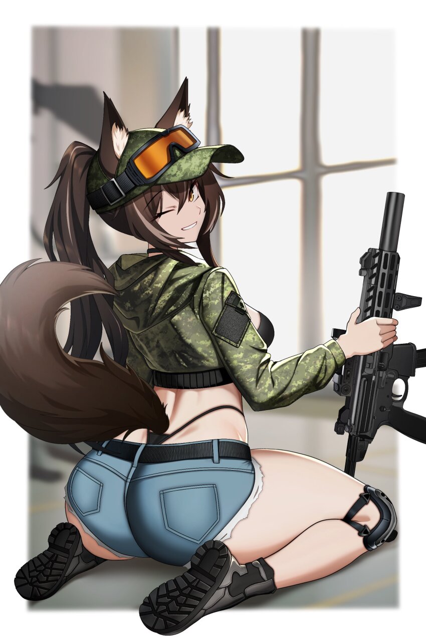 1girl absurdres animal_ear_fluff animal_ears ass black_panties brown_eyes brown_hair cadpat callisto_(greyeth) camouflage camouflage_jacket cero_(last2stage) crop_top cropped_jacket denim denim_shorts fox_ears goggles goggles_on_headwear gun hat highleg highleg_panties highres jacket knee_pads one_eye_closed original panties short_shorts shorts sig_mpx sig_sauer smile submachine_gun underwear weapon whale_tail_(clothing)