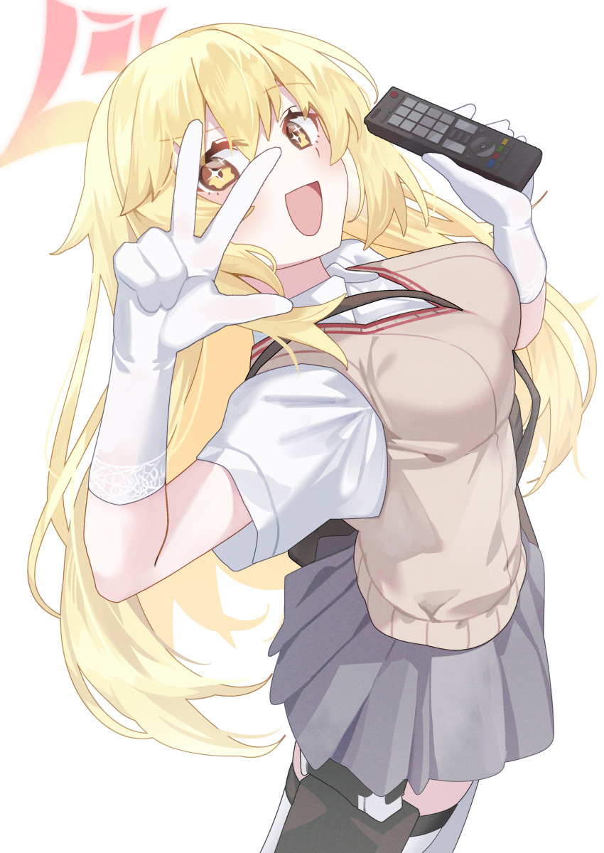 1girl absurdres blonde_hair blue_archive blush breasts brown_sweater_vest brown_vest collared_shirt controller cowboy_shot gloves grey_skirt hair_between_eyes halo highres holding holding_remote_control long_hair looking_at_viewer medium_breasts no_emblem open_mouth pink_halo pleated_skirt remote_control school_uniform shiromoca shirt shokuhou_misaki short_sleeves simple_background skirt smile solo spider_web_print star_(symbol) star_halo star_in_eye summer_uniform sweater_vest symbol_in_eye toaru_kagaku_no_railgun toaru_majutsu_no_index tokiwadai_school_uniform v vest w w_over_eye white_background white_gloves white_shirt yellow_eyes