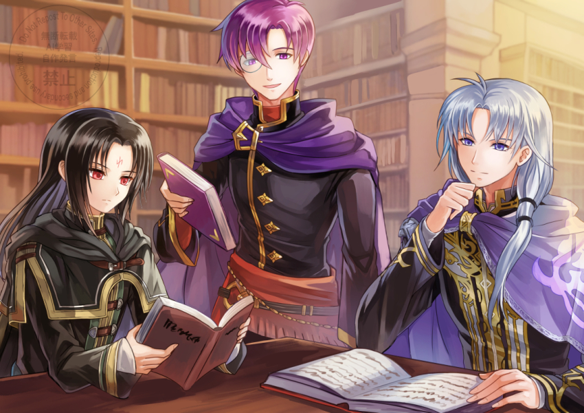 3boys akuru_(akr369akr) black_hair book bookshelf canas_(fire_emblem) commentary_request commission facial_mark fire_emblem fire_emblem:_path_of_radiance fire_emblem:_the_blazing_blade fire_emblem_heroes forehead_mark grey_hair holding holding_book indoors library long_hair male_focus monocle multiple_boys nintendo open_book parted_lips pent_(fire_emblem) purple_eyes reading red_eyes short_hair skeb_commission soren_(fire_emblem) watermark