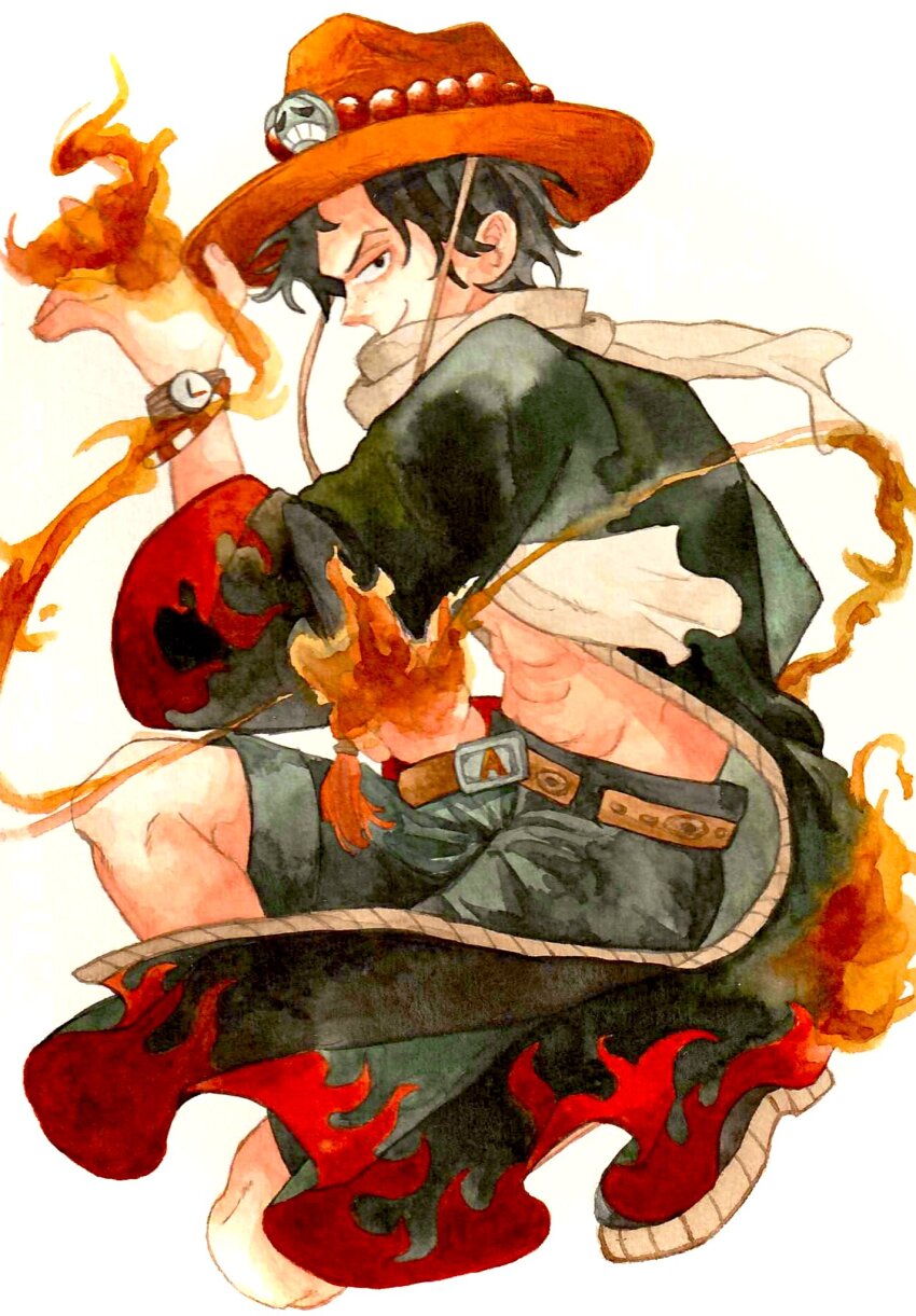 1boy abs black_boots black_hair boots cowboy_hat fire freckles hat highres log_pose long_coat looking_back male_focus one_piece orange_hat portgas_d._ace scarf short_hair shorts simple_background sinoda_maru7326 smile solo traditional_media white_scarf