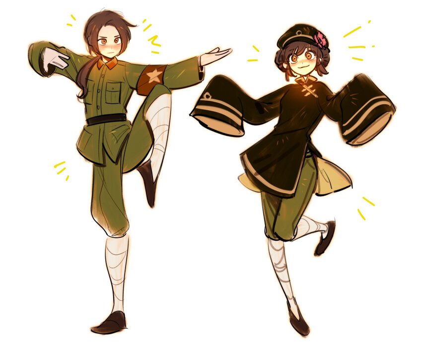 1boy 1girl ^^^ armband arms_up axis_powers_hetalia baggy_pants bandaged_leg bandages belt black_belt black_hat black_shirt black_shoes blush breast_pocket brown_eyes brown_hair buttons china_(female)_(hetalia) china_(hetalia) chinese_clothes closed_mouth collared_jacket double_bun dual_persona flower full_body genderswap genderswap_(mtf) green_jacket green_pants hair_bun hat hat_flower highres jacket long_hair long_sleeves looking_at_viewer looking_to_the_side low_ponytail mandarin_collar military_jacket military_uniform notice_lines pants pink_flower pocket ponytail red_armband rrrrrrrrrrrou1 shirt shoes short_hair simple_background smile standing standing_on_one_leg star_(symbol) star_print v-shaped_eyebrows white_background wide_sleeves wing_collar