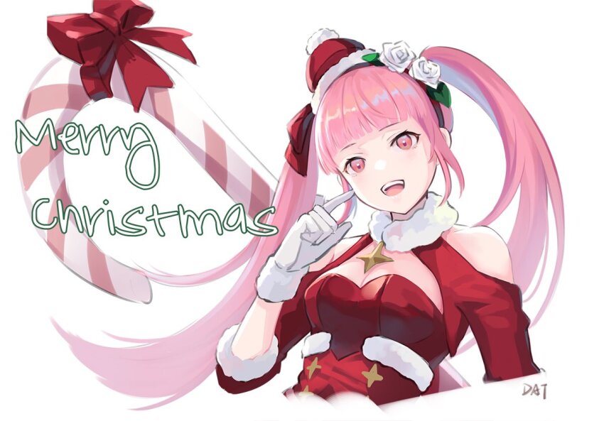 1girl breasts candy candy_cane christmas clothing_cutout da-cart detached_collar finger_to_cheek fire_emblem fire_emblem:_three_houses fire_emblem_heroes food fur-trimmed_headwear fur_collar fur_trim hat hilda_valentine_goneril hilda_valentine_goneril_(winter) large_breasts nintendo official_alternate_costume open_mouth pink_eyes santa_costume shoulder_cutout simple_background solo tagme upper_body white_background