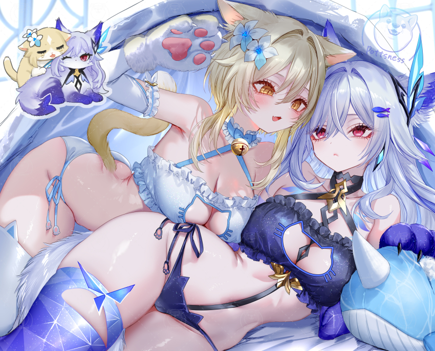 2girls alternate_costume animal_ear_legwear animal_ears animal_hands artist_logo bell black_bra black_panties blonde_hair bra breasts cat_cutout cat_ear_legwear cat_ears cat_lingerie choker cleavage clothing_cutout commentary_request elbow_gloves flower fox_ears frilled_bra frilled_choker frills frown genshin_impact gloves gradient_thighhighs grey_hair hair_flower hair_ornament highres jingle_bell kemonomimi_mode large_breasts logo long_hair lumine_(genshin_impact) lying meme_attire multiple_girls neck_bell on_side panties paw_gloves pottsness purple_eyes purple_thighhighs short_hair_with_long_locks side-tie_panties skirk_(genshin_impact) smile stuffed_whale thighhighs thighs underwear white_bra white_flower white_gloves white_panties white_thighhighs yellow_eyes