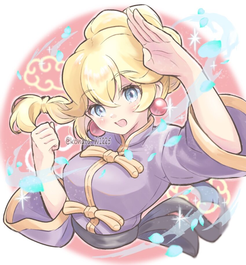1girl artist_name black_sash blonde_hair blue_eyes braid braided_ponytail changpao chinese_clothes clenched_hand earrings high_ponytail highres jewelry konata_w1225 kung_fu_peach looking_at_viewer mario_(series) nintendo official_alternate_costume official_alternate_hairstyle open_mouth ponytail princess_peach princess_peach:_showtime! purple_shirt sash shirt solo sphere_earrings upper_body waist_sash watermark