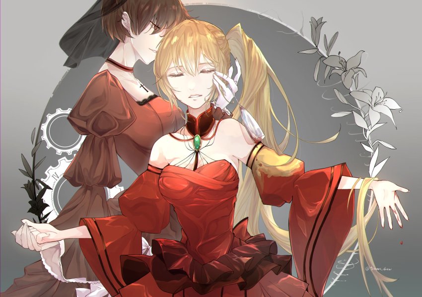 2girls akita_neru banica_conchita banica_conchita_(cosplay) bare_shoulders black_choker black_veil blonde_hair blood breasts brooch brown_eyes brown_hair choker cleavage closed_eyes collarbone cosplay cross cross_choker cup detached_sleeves dress evil_smile evillious_nendaiki flower frilled_dress frills gears glass_of_conchita hair_between_eyes hakaba_no_aruji half-closed_eyes hand_on_another&#039;s_face highres holding holding_cup jewelry long_hair looking_at_another meiko_(vocaloid) multiple_girls narrow_waist ney_phutapie parted_lips playing_with_another&#039;s_hair possessed red_choker red_dress shinon_no_tokeitou_(vocaloid) short_hair side_ponytail smile strapless strapless_dress tomari_drew veil very_long_hair vessel_of_sin vocaloid white_flower wide_sleeves