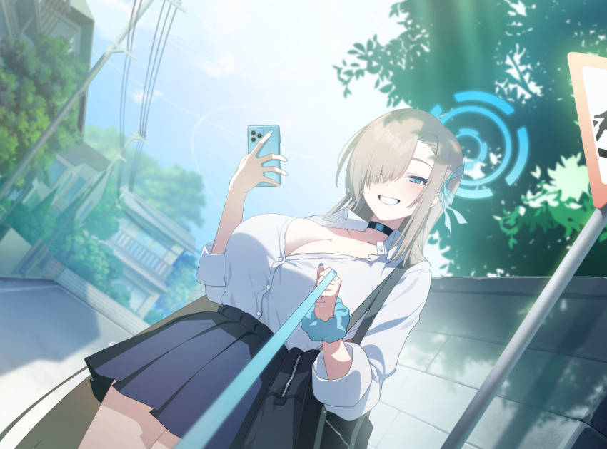 1girl animal_pov artist_request asuna_(blue_archive) asuna_(school_uniform)_(blue_archive) asymmetrical_bangs bag black_choker black_skirt blue_archive blue_bow blue_eyes blue_halo blue_nails blue_ribbon blue_scrunchie blue_skirt blush bow breasts cellphone choker cleavage collarbone collared_shirt game_cg grin hair_over_one_eye hair_ribbon halo highres holding holding_leash holding_phone large_breasts leash long_bangs long_hair looking_at_viewer mole mole_on_breast nail_polish official_alternate_costume official_art outdoors partially_unbuttoned phone pleated_skirt pov ribbon road school_bag school_uniform scrunchie shirt skirt smartphone smile solo street very_long_hair viewer_on_leash white_shirt wrist_scrunchie