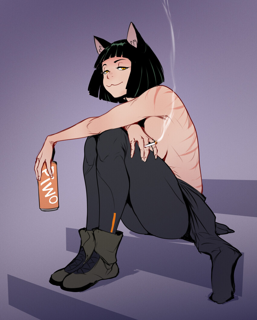 1girl 2023 :3 absurdres alcohol animal_ears bare_back bare_shoulders beer beer_can black_hair boots breasts can cat_ears cat_girl cigarette commission drink_can gradient_background highres izra leaning_forward looking_at_viewer orange_eyes original piwoka_(wibber_rose) scar scar_on_back short_hair sideboob sitting sitting_on_stairs smoking solo stairs tagme topless_female wibber_rose