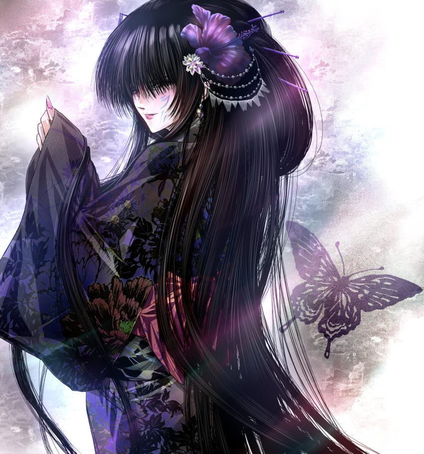 1girl animal_print auge_(akd) black_hair bug butterfly butterfly_print floral_print flower hagoromo_gitsune hair_flower hair_ornament hair_over_eyes highres insect japanese_clothes kimono long_hair long_sleeves looking_at_viewer nurarihyon_no_mago print_kimono solo very_long_hair wide_sleeves