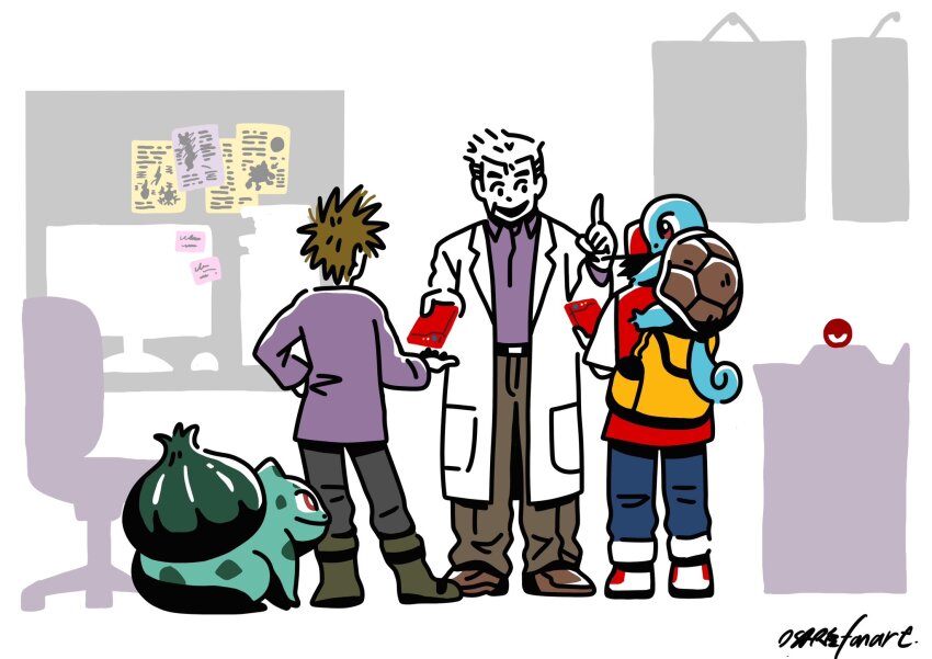 3boys back backpack bag baseball_cap black_pants blue_oak blue_skin bright_pupils brown_eyes brown_hair brown_pants bulbasaur coat colored_skin curled_tail dot_nose eye_contact gen_1_pokemon giving grandfather_and_grandson green_skin hand_on_own_hip hand_up hat highres holding_pokedex index_finger_raised jacket lab_coat long_sleeves looking_at_another looking_down male_focus multiple_boys nintendo no_sclera nostrils note open_mouth osare_graffiti pants poke_ball poke_ball_(basic) pokedex pokemon pokemon_(creature) pokemon_on_back pokemon_rgby purple_shirt red_(pokemon) red_eyes red_footwear red_hat red_jacket professor_oak scientist shirt short_hair short_sleeves smile spiked_hair squirtle turtle turtle_shell white_coat white_hair white_pupils white_sleeves yellow_bag