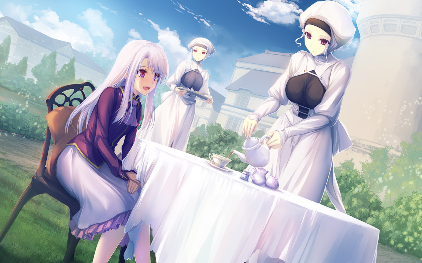 3girls breasts castle chair cup dress fate/stay_night fate_(series) holding holding_teapot holding_tray illyasviel_von_einzbern large_breasts leysritt_(fate) long_hair long_sleeves maid multiple_girls nun open_mouth pouring red_eyes sella_(fate) short_hair sitting skirt small_breasts smile table tablecloth tea teapot tenmaso tray white_hair