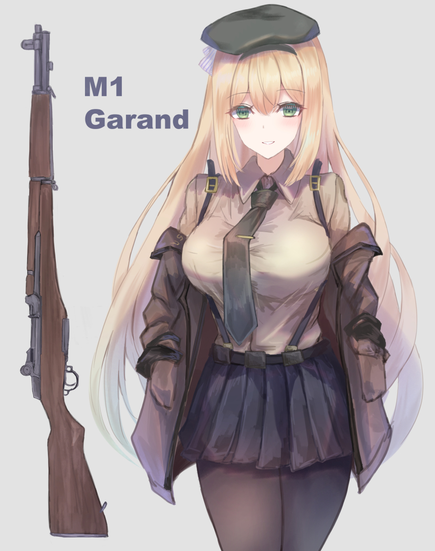 1girl absurdres blonde_hair breasts girls&#039;_frontline green_eyes green_hat gun hat highres large_breasts long_hair m1_garand m1_garand_(girls&#039;_frontline) martinreaction necktie off_shoulder rifle skirt solo suspender_skirt suspenders weapon