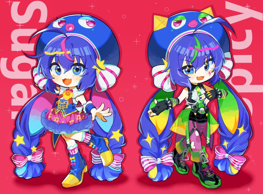 2girls 451f-233c :3 ahoge black_gloves black_shoes black_shorts blonde_hair blue_eyes blue_hair blue_hat boots bow bracelet commentary deformed dual_persona fang fingerless_gloves frilled_skirt frills gloves green_hair hair_bow hair_ornament hat highres jewelry long_hair multicolored_hair multiple_girls open_mouth otomachi_una otomachi_una_(vocaloid6_spicy) otomachi_una_(vocaloid6_sugar) pantyhose pink_hair pink_pantyhose pink_skirt red_background shirt shoes shorts skin_fang skirt sleeveless sleeveless_shirt smile socks spiked_bracelet spikes star_(symbol) star_hair_ornament striped_bow torn_clothes torn_pantyhose twintails vocaloid white_bow white_shirt white_socks wrist_cuffs