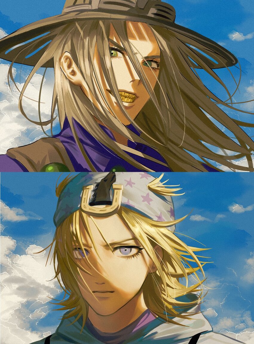 2boys beanie blonde_hair blue_eyes blue_hat blue_hoodie blue_sky brown_hair brown_hat closed_mouth cloud commentary cowboy_hat day expressionless goggles goggles_on_headwear gold_teeth green_eyes gyro_zeppeli hat highres hood hood_down hoodie horseshoe_hat_ornament horseshoe_ornament jeoishere johnny_joestar jojo_no_kimyou_na_bouken long_hair looking_at_viewer male_focus medium_hair multiple_boys outdoors purple_shirt shirt sky smile star_(symbol) star_print steel_ball_run