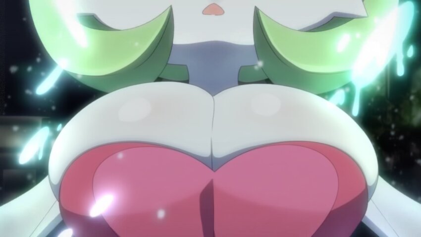 1girl ai-assisted breast_focus breasts cleavage colored_skin female_focus gardevoir gen_3_pokemon green_hair highres huge_breasts mega_gardevoir mega_pokemon nintendo open_mouth pokemon pokemon_(anime) poketoon shiny_skin short_hair solo succubus30586 third-party_edit white_skin
