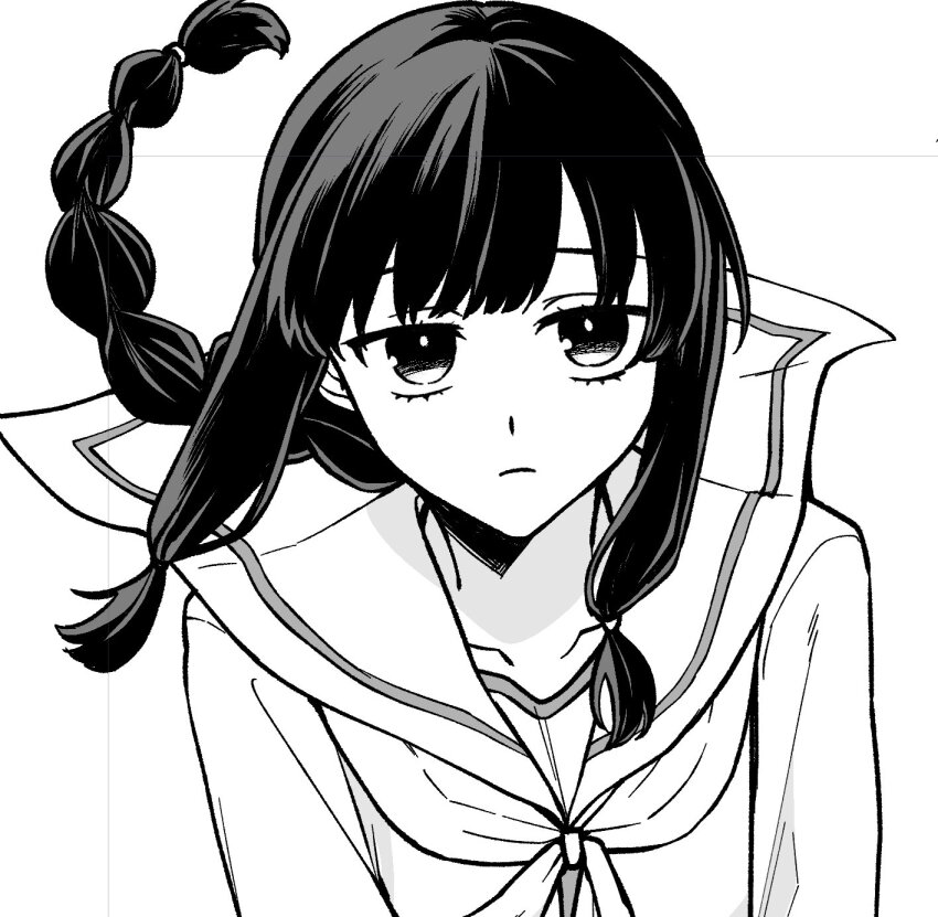 1girl braid expressionless greyscale hair_ribbon highres kantai_collection kitakami_(kancolle) kitakami_kai_ni_(kancolle) long_hair machi_(ritovoyage) monochrome neckerchief ribbon sailor_collar sailor_shirt school_uniform serafuku shirt single_braid solo tress_ribbon