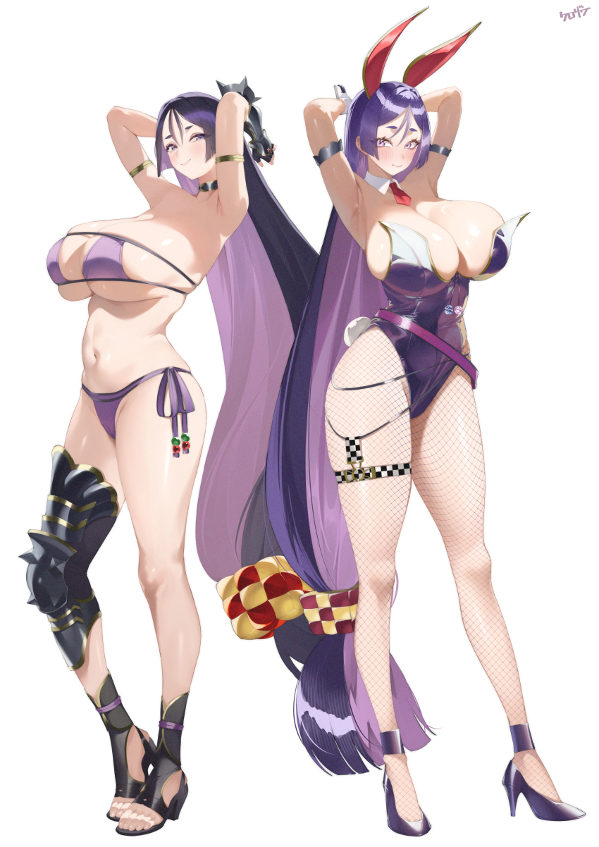 1girl absurdres animal_ears arm_guards armlet armor bare_shoulders beads bikini blush breasts choker cleavage collarbone detached_collar eyepatch_bikini fake_animal_ears fate/grand_order fate_(series) fishnet_pantyhose fishnets full_body greaves high_heels highleg highleg_leotard highres huge_breasts jewelry kurozawa_yui leotard long_hair looking_at_viewer low-tied_long_hair minamoto_no_raikou_(fate) minamoto_no_raikou_(fate/grand_order) minamoto_no_raikou_(swimsuit_lancer)_(fate) minamoto_no_raikou_(swimsuit_lancer)_(third_ascension)_(fate) multiple_views navel necktie pantyhose parted_bangs playboy_bunny purple_bikini purple_eyes purple_hair purple_leotard rabbit_ears red_necktie sideboob single_greave smile swimsuit thigh_strap very_long_hair