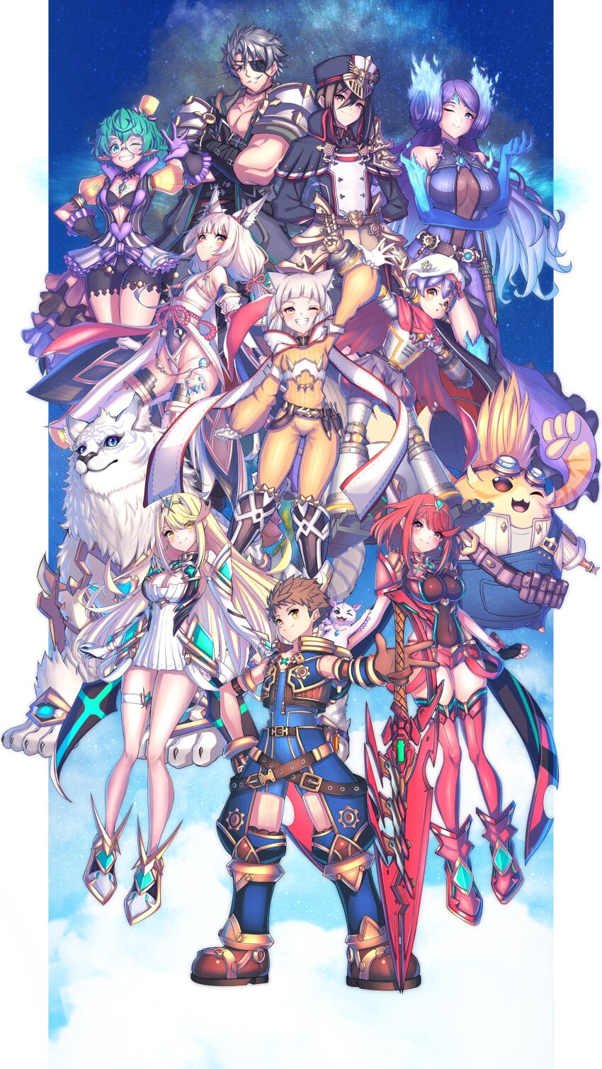 2boys 6+girls absurdres aegis_sword_(xenoblade) animal_ears azurda_(xenoblade) bare_legs bare_shoulders black_gloves blonde_hair blunt_bangs bodysuit breasts brighid_(xenoblade) cat_ears cat_girl chest_jewel cleavage cleavage_cutout clothing_cutout detached_sleeves dress dromarch_(xenoblade) earrings elbow_gloves facial_mark fingerless_gloves gloves grey_hair hakusai_(hksicabb) highleg highleg_leotard highres jewelry large_breasts leotard long_hair low_twintails morag_ladair_(xenoblade) multiple_boys multiple_girls mythra_(xenoblade) nia_(blade)_(xenoblade) nia_(xenoblade) nopon pandoria_(xenoblade) poppi_(xenoblade) poppi_alpha_(xenoblade) pyra_(xenoblade) red_eyes red_hair red_shorts rex_(xenoblade) short_dress short_hair short_shorts shorts small_breasts spoilers swept_bangs sword thigh_strap thighhighs tiara tora_(xenoblade_2) twintails very_long_hair weapon white_dress white_footwear white_gloves xenoblade_chronicles_(series) xenoblade_chronicles_2 yellow_bodysuit yellow_eyes zeke_von_genbu_(xenoblade)