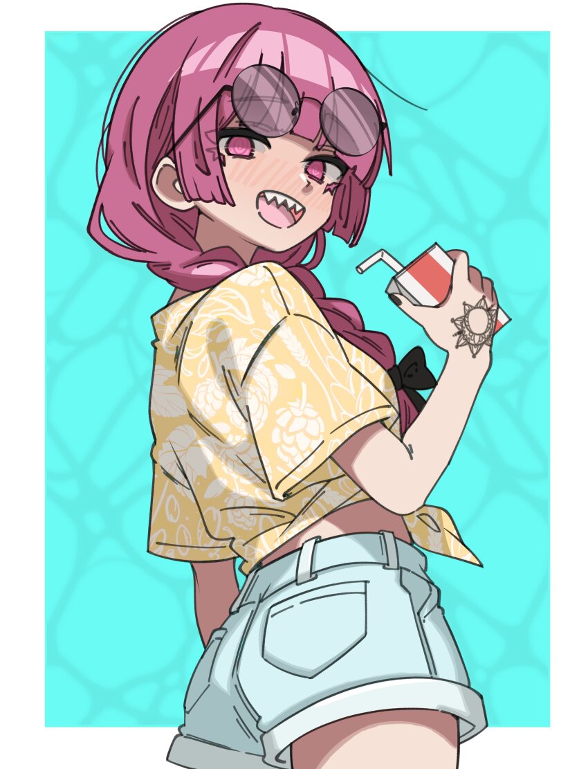 1girl :d @_@ absurdres alcohol_carton black_bow black_nails blue_background blunt_bangs bocchi_the_rock! bow braid braided_ponytail cowboy_shot denim denim_shorts eyewear_on_head floral_print_shirt from_side ghuler hair_over_shoulder hand_tattoo highres hiroi_kikuri holding_carton looking_at_viewer looking_back midriff_peek open_mouth purple_eyes purple_hair round_eyewear sharp_teeth shirt short_shorts short_sleeves shorts simple_background smile solo tattoo teeth tied_shirt yellow_shirt