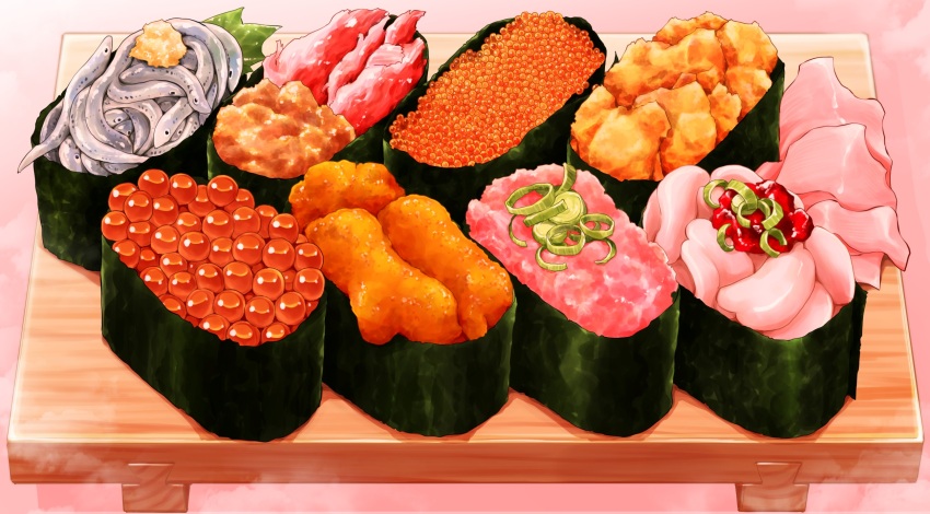 commentary_request fish_(food) food food_focus highres ikura_(food) no_humans ooranokohaku original roe still_life sushi sushi_geta