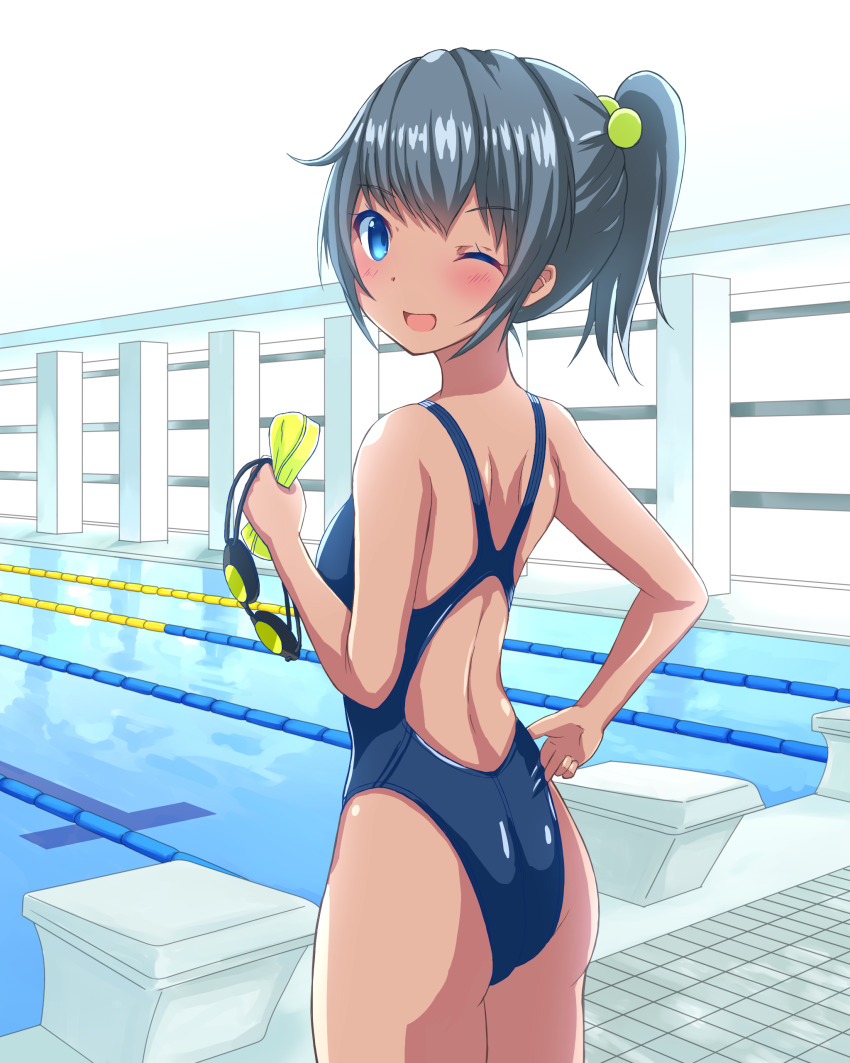 1girl absurdres ass black_one-piece_swimsuit blue_eyes competition_swimsuit cowboy_shot from_behind goggles grey_hair hair_bobbles hair_ornament highleg highleg_one-piece_swimsuit highres holding holding_goggles indoors lane_line looking_at_viewer looking_back medium_hair one-piece_swimsuit one_eye_closed original pool solo starting_block swimsuit unworn_goggles unworn_swim_cap yonesuke_(yonesukesuke)