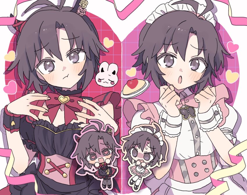 1girl :t antenna_hair apron black_choker black_dress black_eyes black_footwear black_hair black_wrist_cuffs blush bow bowtie breasts chibi choker clenched_hands closed_mouth demon_horns demon_tail dot_nose dress dual_persona fishnet_thighhighs fishnets food food_art forehead frilled_choker frilled_dress frills full_body hands_up heart heart-shaped_pupils highres horns idolmaster idolmaster_(classic) idolmaster_million_live! idolmaster_million_live!_theater_days kikuchi_makoto looking_at_viewer maid_apron official_alternate_costume omelet omurice open_mouth parted_bangs pink_bow pink_bowtie pnt_0202 pretty_waitress_(idolmaster) puffy_short_sleeves puffy_sleeves red_bow red_bowtie shaded_face shirt short_hair short_sleeves small_breasts symbol-shaped_pupils tail thighhighs turn_pale upper_body waitress white_apron white_shirt white_wrist_cuffs wrist_cuffs yandere