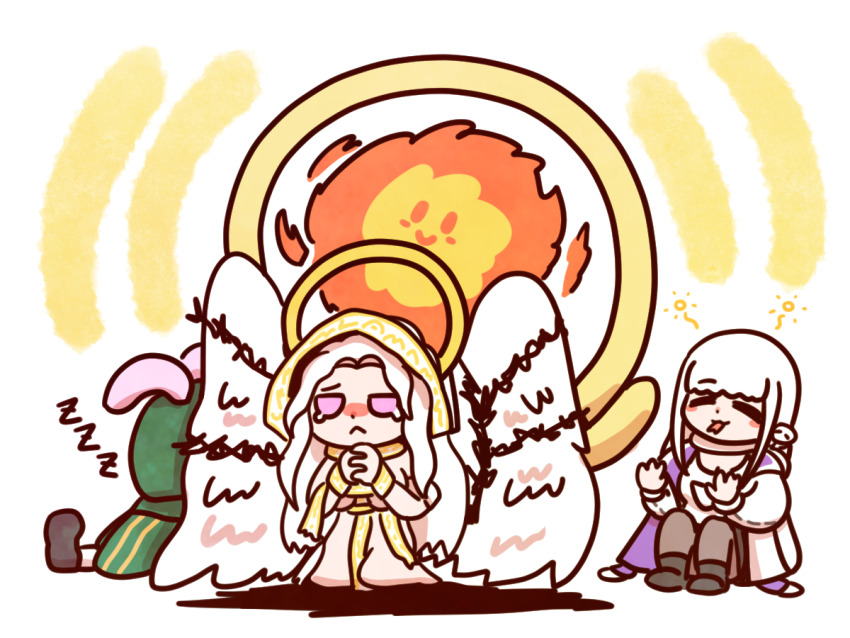 3girls angel_wings blush_stickers breasts cheona_(last_origin) chibi efreeti_(last_origin) fireball forked_tongue halo hood hoodie jacket kneeling l.n large_breasts last_origin long_hair multiple_girls pantyhose praying purple_eyes ramiel_(last_origin) simple_background sleeping smile snake tearing_up tongue very_long_hair white_background white_hair wings