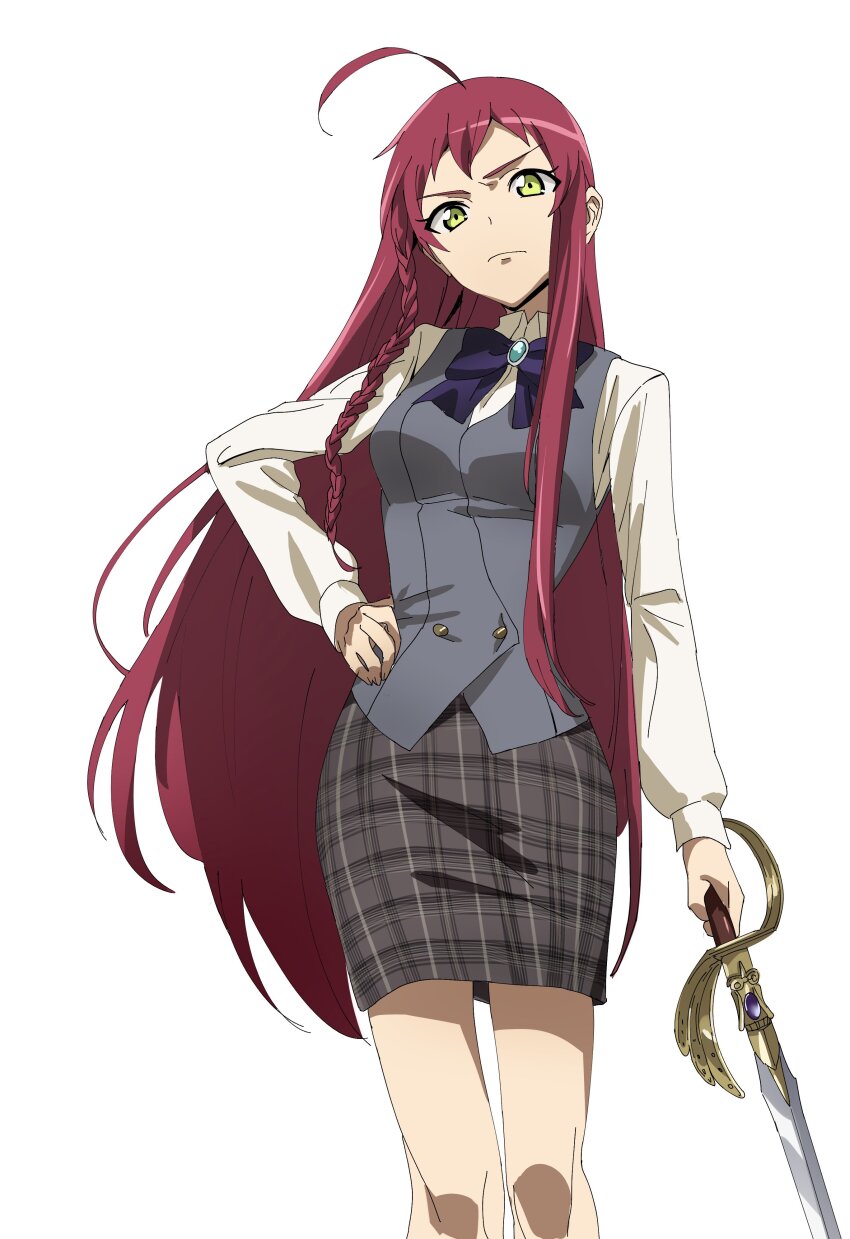 1girl absurdres bow bowtie green_eyes hataraku_maou-sama! highres holding holding_weapon long_hair office_lady red_hair shirt skirt sword vest weapon white_background white_shirt wqdofjpeqs63235 yusa_emi
