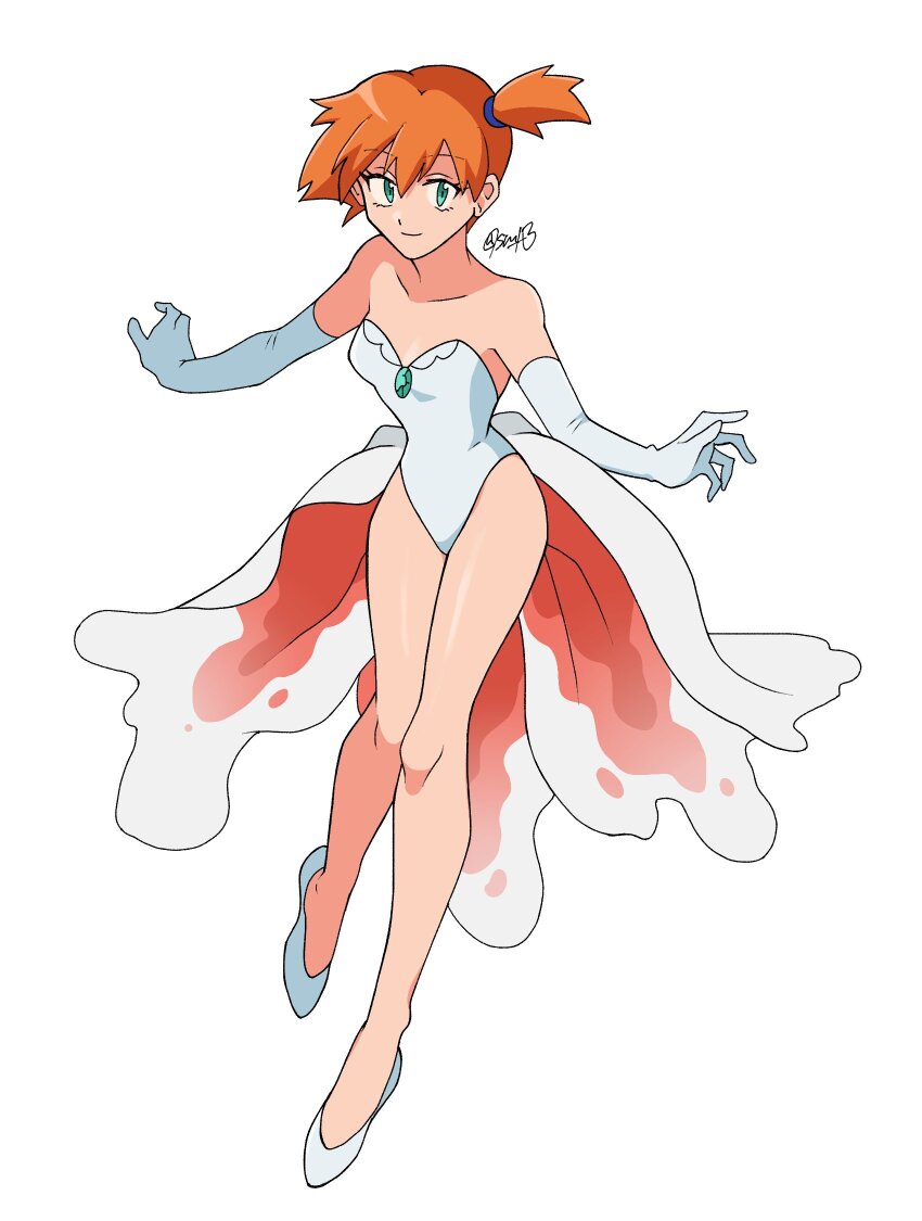 1girl asymmetrical_hair bare_shoulders blush cosplay cowboy_shot dress elbow_gloves female_focus flat_chest gen_1_pokemon gloves goldeen goldeen_(cosplay) green_eyes hair_tie highres legs misty_(pokemon) navel nintendo open_mouth orange_hair pokemon pokemon_(anime) pokemon_(classic_anime) pokemon_ep043 ponytail sanno_(snn_3) shirt short_hair shorts side_ponytail simple_background solo thighs