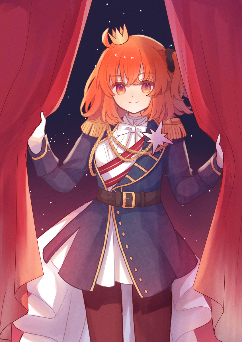1girl absurdres ahoge aiguillette belt black_pantyhose black_scrunchie blue_jacket bow bowtie brown_belt closed_mouth colored_eyelashes cowboy_shot crown curtain_grab curtains dress epaulettes fate/grand_order fate_(series) fujimaru_ritsuka_(female) fujimaru_ritsuka_(female)_(halloween_royalty) gloves hair_ornament hair_scrunchie high-low_skirt highres jacket koromo_(osakana0525) long_sleeves looking_at_viewer medium_hair mini_crown official_alternate_costume one_side_up orange_eyes orange_hair pantyhose red_curtains scrunchie smile solo standing white_bow white_dress white_gloves