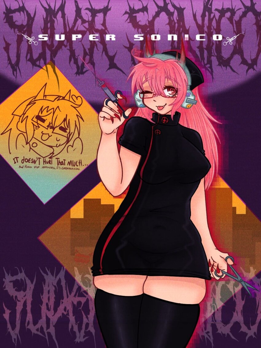 1girl ;p breasts character_name english_text glasses hat headphones heart heart-shaped_pupils highres holding holding_weapon kneehighs large_breasts laumeowth nail_polish needle nitroplus nurse nurse_cap one_eye_closed pink_eyes plump red-framed_eyewear red_nails scissors socks solo super_sonico symbol-shaped_pupils thick_thighs thighs tongue tongue_out weapon wide_hips
