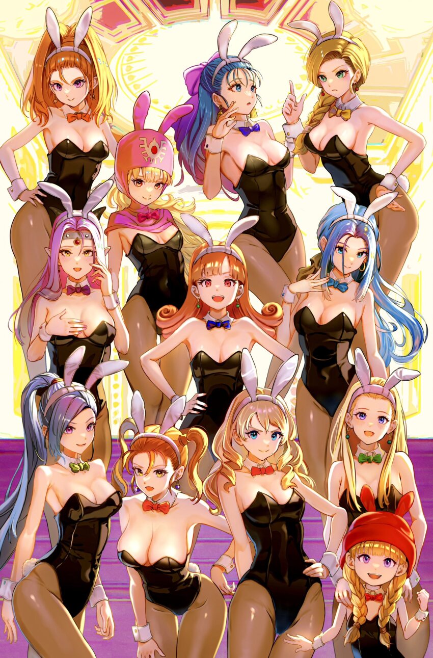1980s_(style) 6+girls alena_(dq4) animal_ears anlucea barbara_(dq6) bare_shoulders bent_over bianca_(dq5) black_hair black_leotard blonde_hair blue_bow blue_bowtie blue_eyes blue_hair blunt_bangs bow bowtie braid breasts cleavage closed_mouth collarbone commentary_request cowboy_shot curly_hair detached_collar dragon_quest dragon_quest_ii dragon_quest_iv dragon_quest_ix dragon_quest_v dragon_quest_vi dragon_quest_viii dragon_quest_x dragon_quest_xi earrings estella_(dq10) fake_animal_ears flat_chest flora_(dq5) green_bow green_bowtie green_eyes hair_behind_ear hair_bow hair_over_shoulder hair_pulled_back hairband half_updo hand_on_own_chest hand_on_own_hip hand_up hands_on_another&#039;s_shoulders hat headpiece high_ponytail highres hood horns huge_bow index_finger_raised jessica_albert jewelry large_breasts leotard light_blush long_hair looking_at_another looking_at_viewer martina_(dq11) medium_breasts mole mole_under_mouth multiple_girls numao_sub oldschool open_mouth orange_bow orange_bowtie orange_eyes orange_hair orange_nails pantyhose parted_bangs parted_lips pink_bow pink_eyes pink_hair pink_headwear pink_hood pink_nails playboy_bunny pointy_ears ponytail princess_of_moonbrook purple_bow purple_bowtie purple_eyes rabbit_ears red_bow red_bowtie red_eyes red_headwear retro_artstyle ruida senya_(dq11) siblings single_braid sisters small_breasts smile standing swept_bangs twin_braids twins twintails veronica_(dq11) white_hairband wrist_cuffs yellow_bow yellow_bowtie yellow_eyes