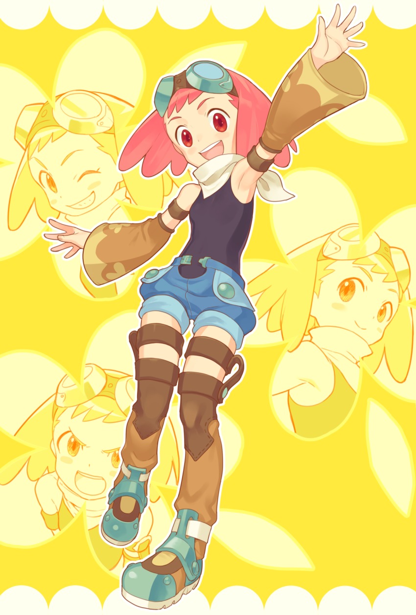 1girl aero_(mega_man) arm_up armpits bare_shoulders blush breasts capcom full_body goggles goggles_on_head highres kin_niku mega_man_(series) mega_man_legends_(series) mega_man_legends_3 multiple_views open_mouth pink_hair scarf shoes short_shorts shorts small_breasts smile teeth thighhighs waving yellow_background zettai_ryouiki