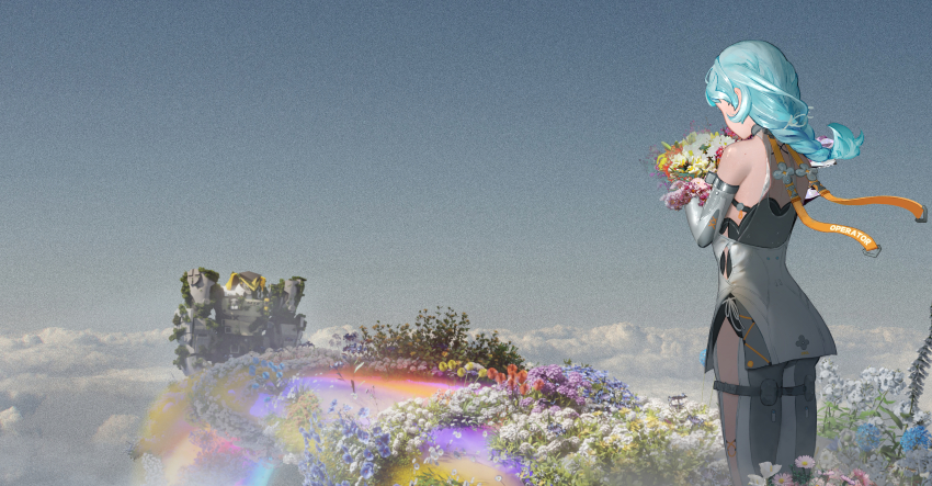 1girl 1other absurdres bare_shoulders blue_flower blue_hair blue_sky bouquet clothing_cutout commentary_request detached_sleeves dithered_background field flower flower_field formal_clothes from_side gloves grass hair_ornament highres holding holding_bouquet humanoid_robot joints long_hair mecha mechanical_arms mechanical_legs orange_flower outdoors pink_flower ponytail purple_flower robot robot_joints see-through_dress_layer seed_(zenless_zone_zero) seed_sr. side_cutout sky suit taoningtt thigh_cutout white_flower white_gloves white_sleeves white_suit yellow_flower zenless_zone_zero