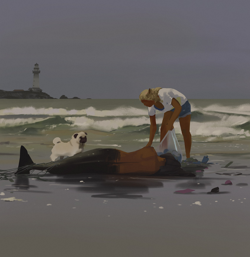 2girls artist_request beach black_hair blonde_hair cloudy day dog from_behind full_body highres leaning_forward lighthouse mermaid monster_girl multiple_girls net ocean outdoors peril pug sky snatti tail
