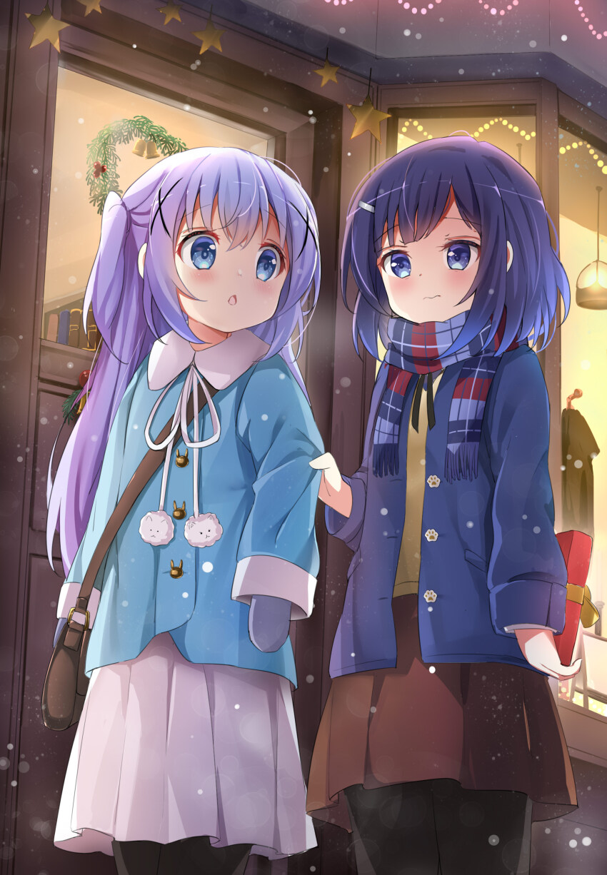 2girls absurdres bag bell black_pantyhose blue_eyes blue_hair blue_jacket blue_scarf blush box brown_skirt chestnut_mouth christmas christmas_wreath closed_mouth commentary_request fringe_trim fuiba_fuyu gift gift_box gochuumon_wa_usagi_desu_ka? grey_mittens hair_ornament hairclip highres holding holding_gift jacket kafuu_chino long_hair mittens multiple_girls one_side_up open_clothes open_jacket pantyhose parted_lips plaid_clothes plaid_scarf pleated_skirt purple_hair scarf shoulder_bag skirt snowing stick_jitb sweater_vest very_long_hair wavy_mouth white_skirt window winter wreath x_hair_ornament